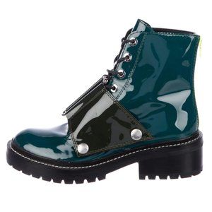 KENZO TWO-TONE GREEN PATENT LEATHER COMBAT BOOTS